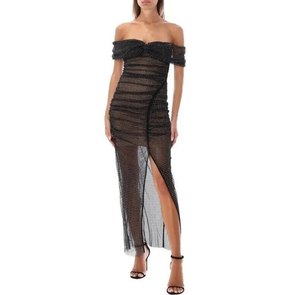 SELF-PORTRAIT Embellished Mesh Off-shoulder Black Dress Gown Cocktail Sz 0 - Picture 9 of 16